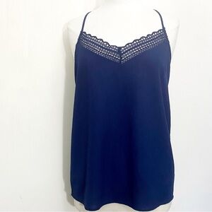 Paper Crane Elegant Lace Trim Racer Back Navy Blue High Low Cami Top M